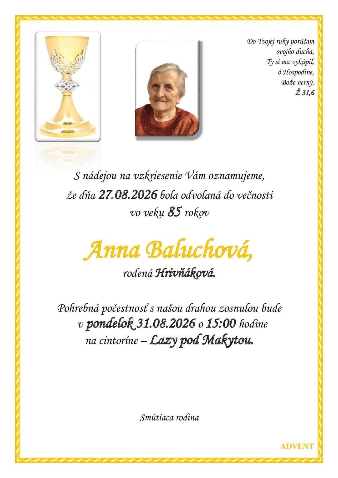Anna Baluchová parte august 2026 parte Anna Baluchová, r. Hrivňáková